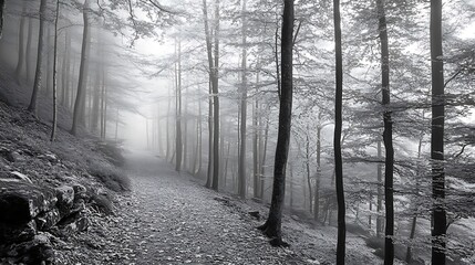 A serene, foggy forest path surrounded by trees, creating a tranquil atmosphere.