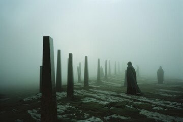 Cloaked figures move through a foggy landscape past stone pillars, suggesting mystery and solitude in a haunting, surreal environment.