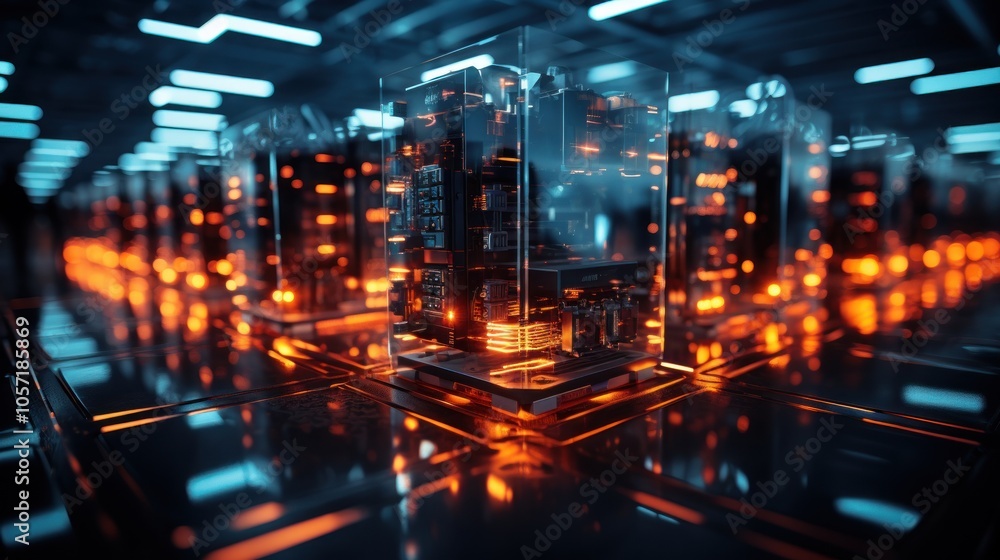 Poster futuristic data center with glowing circuits and transparent enclosures.