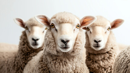 Obraz premium Three sheep standing close together, facing the camera, with soft wool and attentive expressions in a bright setting.