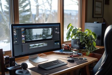 A cozy home office bathed in natural light features a computer displaying a snowy forest scene, blending productivity and nature’s tranquility.