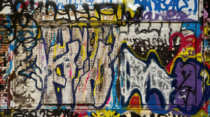 Graffiti on distressed wall with chaotic colors and textures.