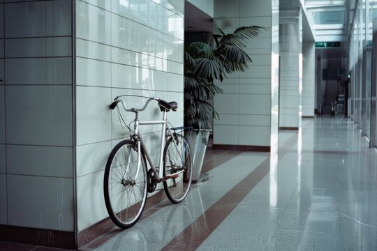 A classic bicycle rests in the sleek, modern corridors of a building, merging tradition with contemporary architecture and design.