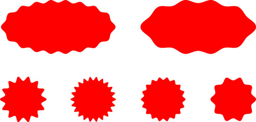 Starburst red sticker set - collection of special offer sale round and oval sunburst labels and buttons isolated on white background. Promo stickers with star edges. Vector