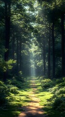 Obraz premium A serene forest pathway illuminated by sunlight, inviting exploration and tranquility.