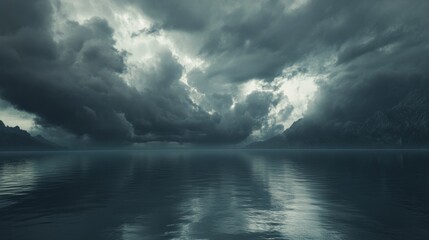 Fototapeta premium Storm clouds swirling over a large lake, reflecting the dark sky generative ai