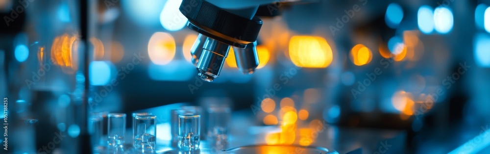 Poster a microscope is positioned on a lab bench, examining various samples. the background features a colo