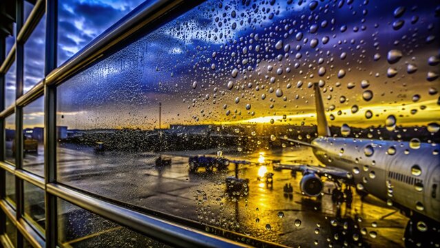 Sunrise Condensation on Airport Terminal Windows at Orlando International Airport, Florida