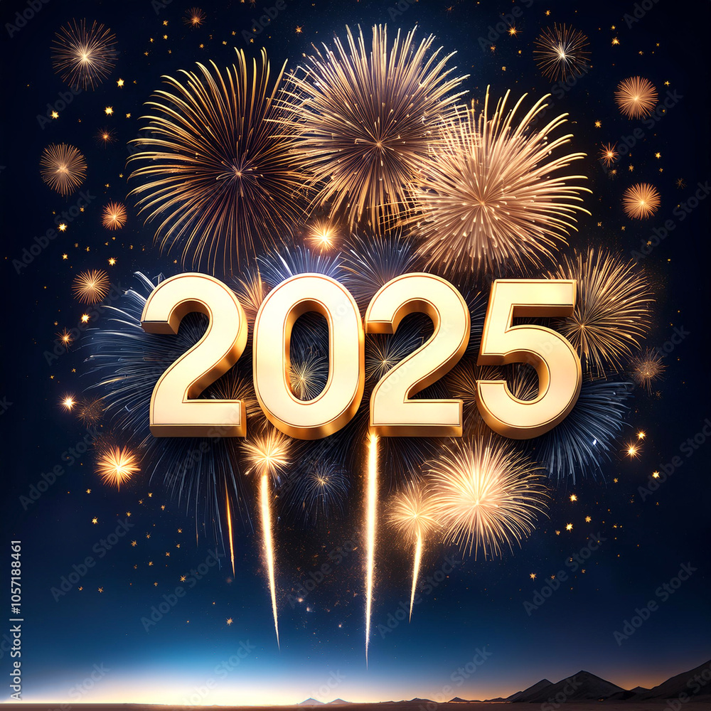 Fototapete combination of the number 2025 with the best design and a combination of festive elements and ornaments such as fireworks exploding among the stars of the night sky floating or flying