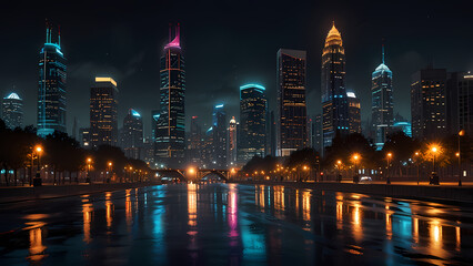 Obraz premium Lively cityscape at night illuminated by city lights