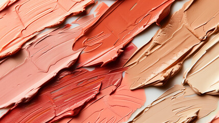 Vibrant makeup swatches in coral, peach, and beige tones with creamy texture for diverse skin applications