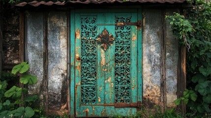 Rustic Green Door with Intricate Metalwork Design