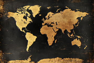 Vintage world map with worn grunge textures in shades of brown and beige creating an antique and classic look on dark background
