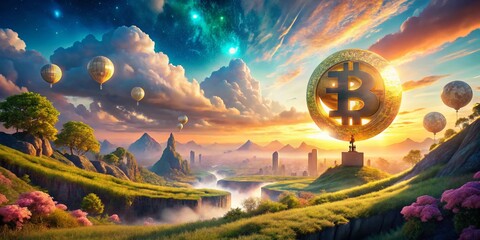 Surreal Bitcoin Symbol in a Dreamlike Landscape with Abstract Elements and Vivid Colors for Cryptocurrency Enthusiasts