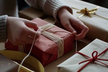 Hands gingerly tie string around a variety of wrapped presents, embodying festive preparation and heartfelt care.