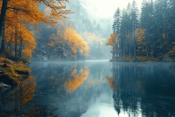 Misty Autumn Forest Reflecting in Still Lake Water