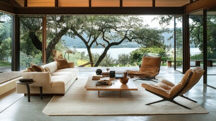 Fototapeta premium Modern Living Room with Scenic Nature View