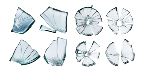 collection of broken glass shards in various shapes and sizes, isolated on a transparent background, perfect for design, safety, and destruction-themed projects.