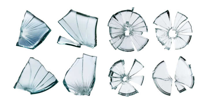 collection of broken glass shards in various shapes and sizes, isolated on a transparent background, perfect for design, safety, and destruction-themed projects.
