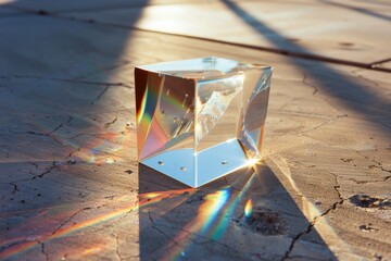A sparkling crystal cube casts vivid rainbow reflections on a cracked pavement under bright sunlight.