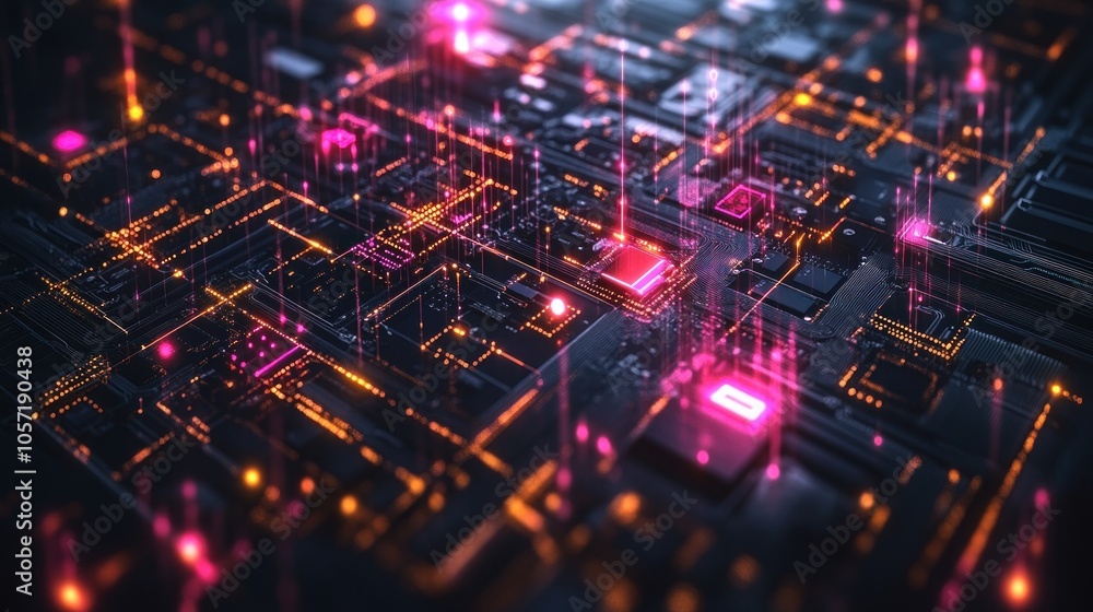 Poster abstract digital circuitry with glowing elements and connections.