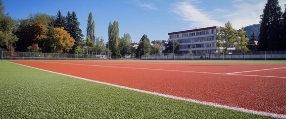 The tennis court features bright red playing surface and lush green grass, set under a clear blue sky with trees and a school building nearby, creating an inviting atmosphere for sports