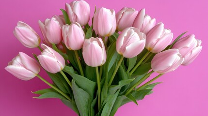 Obraz premium Pink Tulip Bouquet on Pink Background Valentine s Day Flowers Love Romance