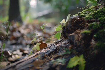 Forest floor with lush moss and new growth, portraying the serene beauty of nature's cycle.