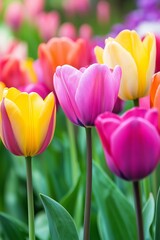 Obraz premium Vibrant tulips of various colors bloom abundantly in a spring garden, illustrating elegance and renewal in nature.
