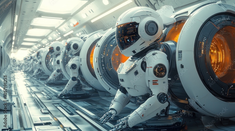 Poster futuristic robots in a high-tech space environment.
