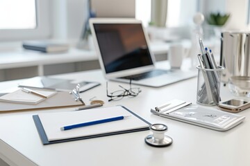 A modern, bright office space featuring a laptop, glasses, and stationery, evoking productivity and organization.