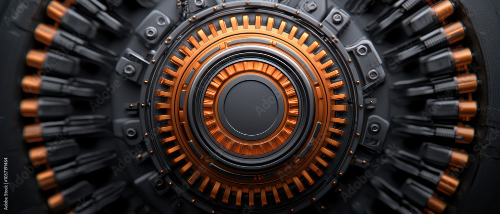 Poster the image features a detailed, mechanical design with circular patterns in shades of black and orang