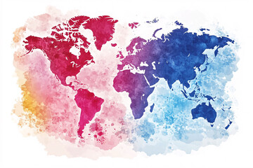 Obraz premium vibrant watercolor world map in pink and blue tones with textured effect creating a modern and artistic take on global geography 