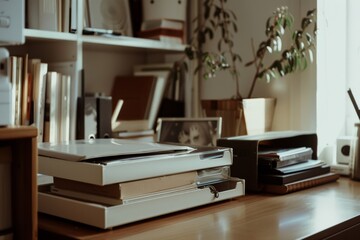 A cozy desk filled with books and trinkets bathed in golden light, inviting thoughts of creativity and solitude in a peaceful home library.