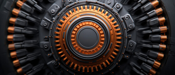 The image features a detailed, mechanical design with circular patterns in shades of black and orange, showcasing industrial complexity and precision engineering.