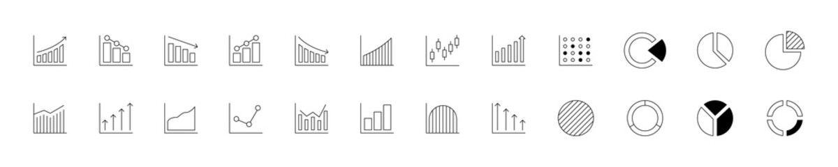 Bar graph line icons set. Graph, Line, Bar, Chart, Diagram, Report, Statistics. Business graphs and charts icons. Business infographics. Statistic data, charts