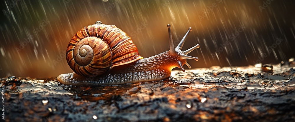 Poster Close-up of a snail crawling on a wet log with rain drops falling around it.