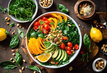 vibrant salad bowls colorful ingredients showcasing mix bright leafy healthy toppings healthy meal, recipe, dish, food, fresh, vegetable, green, leaves