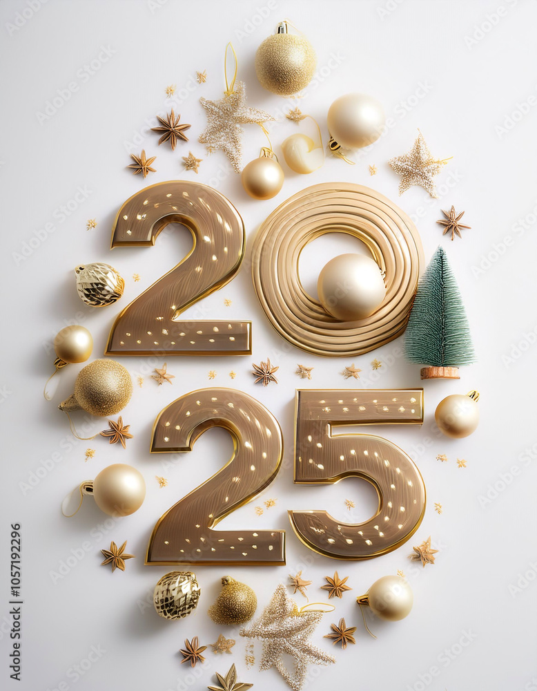 Poster the combination of the number 2025 with the best design and combination of festive elements and orna