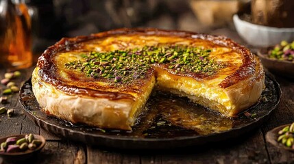 A freshly baked kunefe with a layer of pistachios, syrup glistening, and the cheese stretching as it pulled apart.