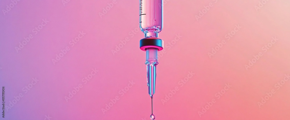 Poster closeup of a syringe with a drop of liquid dripping from the needle against a pink and purple gradie