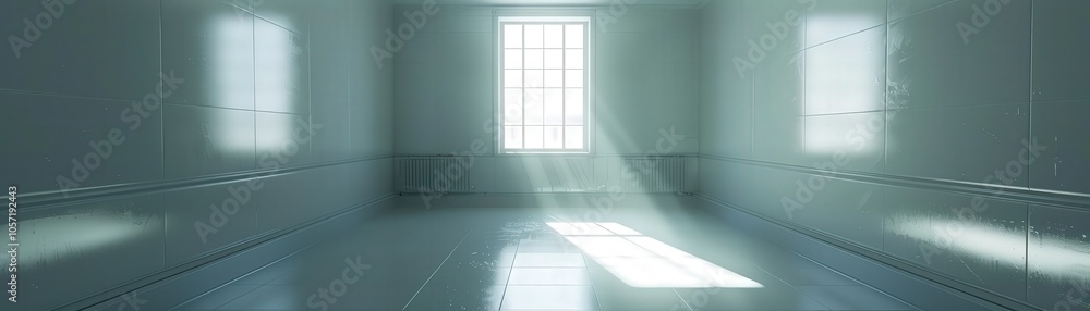 Poster a large, empty room with a window in the middle