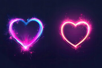 Banner frames with neon light glow. Square, circle and heart shape electric light borders with sparks isolated on transparent background, with generative ai