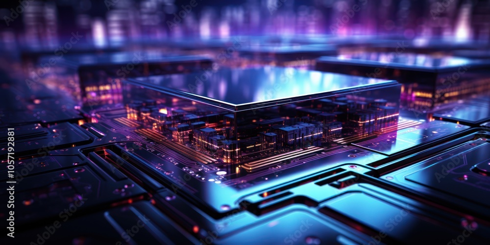 Poster a futuristic microchip design showcasing intricate circuitry and glowing elements.