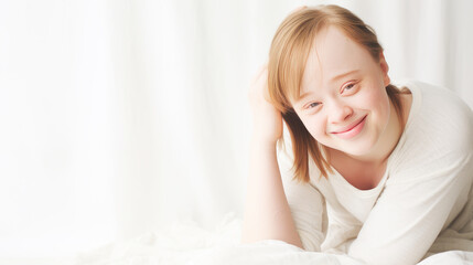 Naklejka premium Portrait of smiling laughing teenage girl with Down syndrome white background.