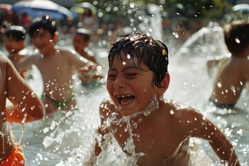 Obraz premium Children joyfully splashing in a summer fountain bring vibrant energy and pure laughter, capturing the essence of carefree childhood.