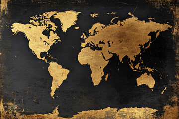gold world map on black background with distressed texture giving a luxurious and antique feel highlighting continents in a bold style
