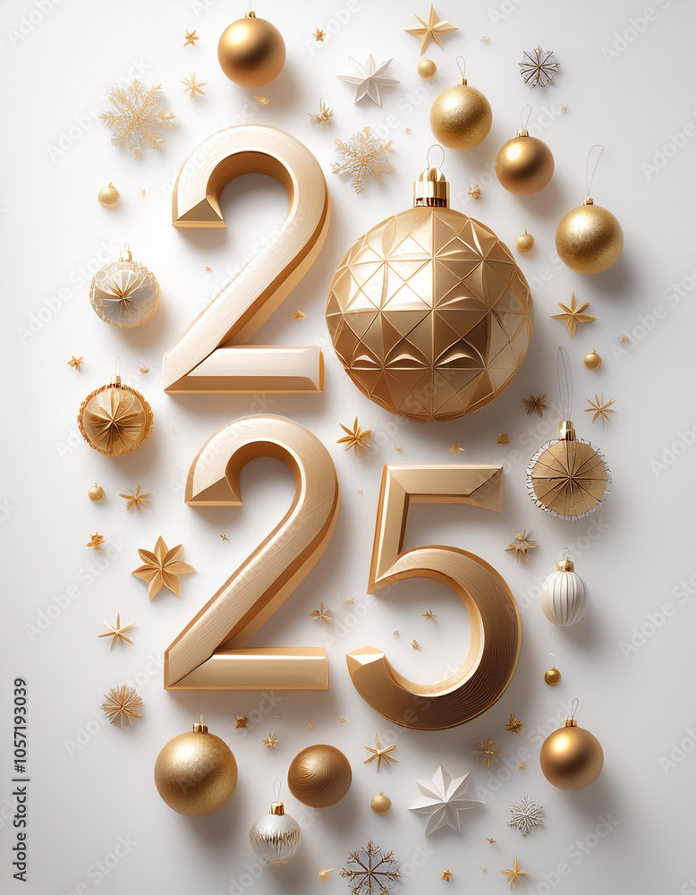 Fototapete The combination of the number 2025 with the best design and combination of festive elements and ornaments floating or flying isolated white background