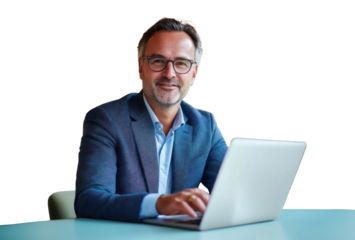 PNG Portrait of a confident businessman glasses laptop smiling.