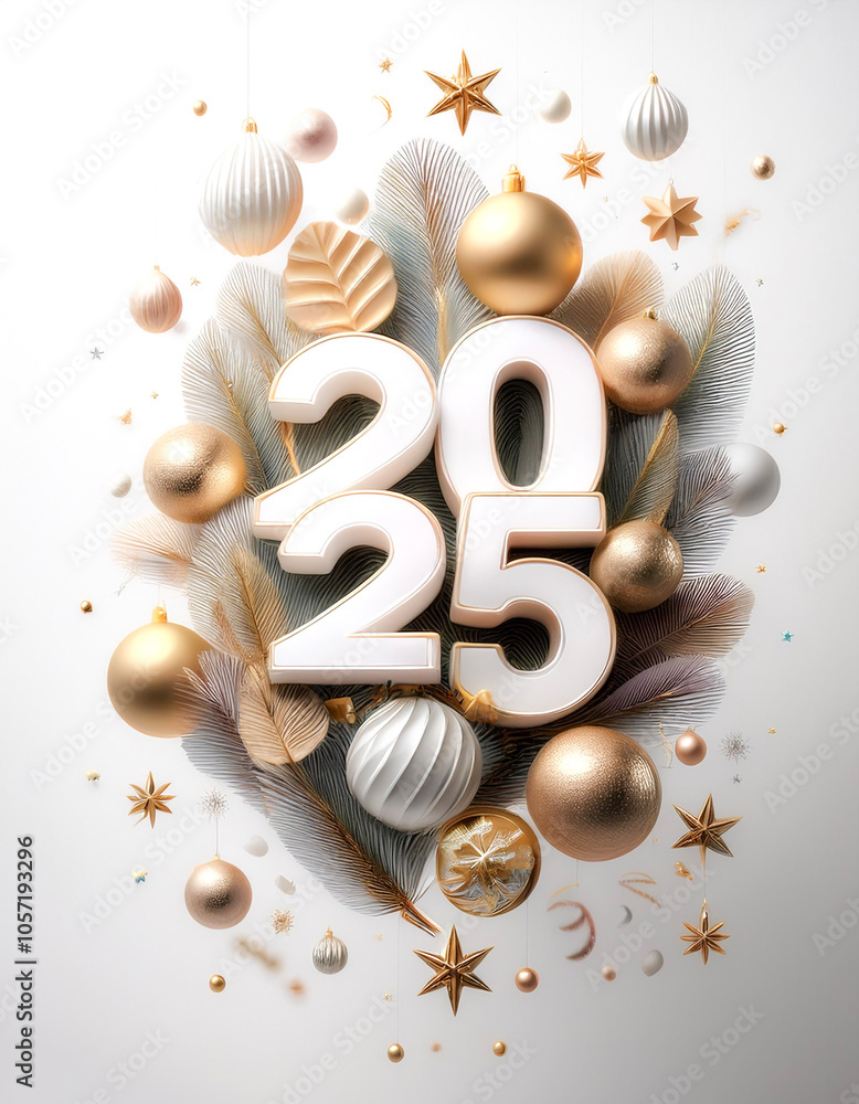 Poster the combination of the number 2025 with the best design and combination of festive elements and orna